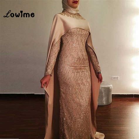 Hijab Muslim Long Sleeve Gold Mermaid Formal Evening Party Dress Turkish Arabic Dubai Evening