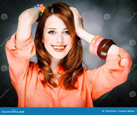 Smiling Caucasian Red Haired Adult Girl In Coral Shirt Stock Image Image Of Relax Caucasian
