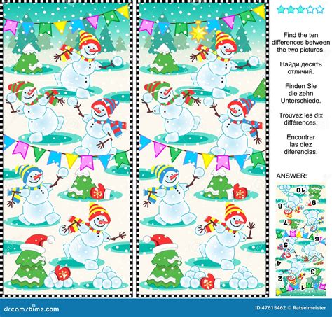 Find The Differences Picture Puzzle Playful Snowmen Stock Vector