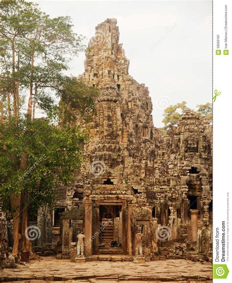 Details Of Stone Carvings At Bayon Temple Angkor Wat Cambodia Stock