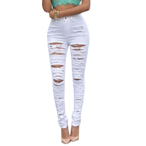 Sexy Cut Out Fashion Women Trousers Casual Denim Skinny Ripped High