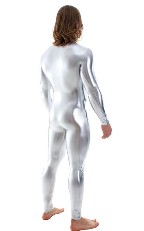 Full Bodysuit Zentai Lycra Spandex Suit For Men In Chrome Silver