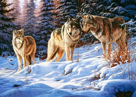 Wolfpack Forest Artwork Firs Winter Predators Snow Painting