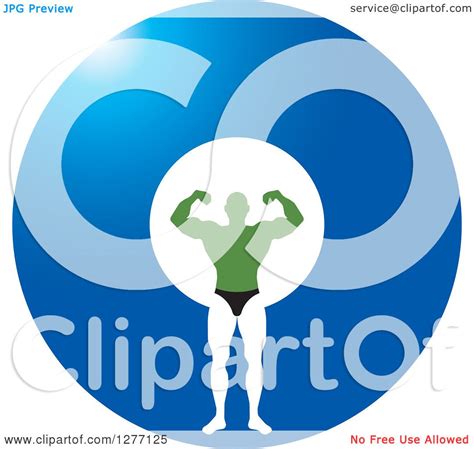 Clipart Of A Flexing Green White And Black Male Bodybuilder Over A Blue