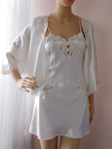 P XS Ivory Satin & Lace Bridal Chemise Slip Bridal Boudoir Bed Jacket / Victorias Secret Gold ...