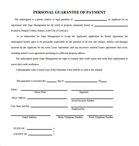 Free Sample Personal Guarantee Forms In Pdf