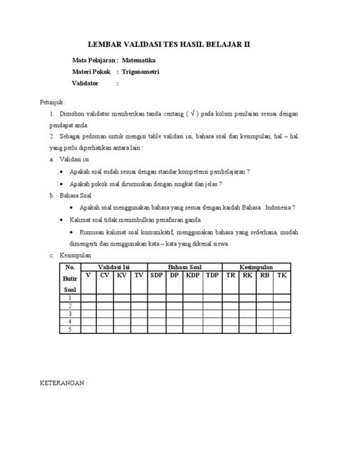 Contoh Lembar Validasi Instrumen Soal Tes Materi Soal Riset