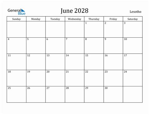 June 2028 Monthly Calendar With Lesotho Holidays