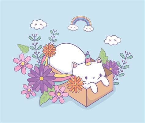 Premium Vector Cute Caticorn With Floral Decoration In Carton Box