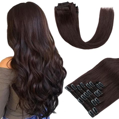 Amazon Com S Noilite Clip In Hair Extension Human Hair Double Weft Dark Brown Inch Pcs
