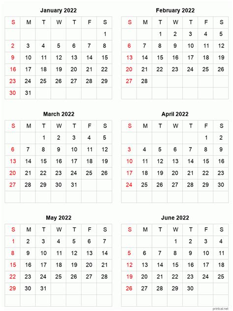 6 Month Printable Calendar 2022