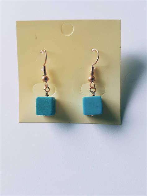 Blue Turquoise Magnesite Cube Copper Earrings Hook Fastening By