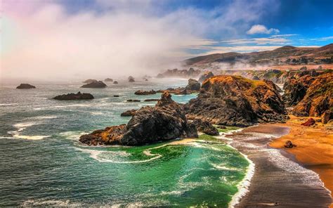 Nature Landscape Beach Sea Rocks Coast Mist Hills California Wallpapers Hd Desktop And