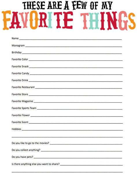 Free Teacher Favorite Things List Printable