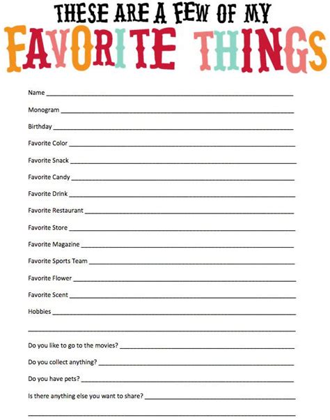 My Favorite Things Printable Template