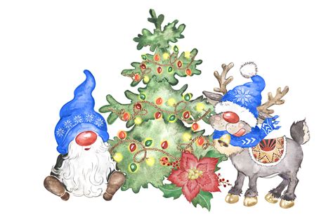 Christmas Gnomes Watercolor Clipart Scandinavian Gnomes Deer By