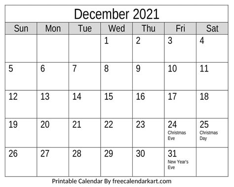 December 2021 Calendar Printable Template Download