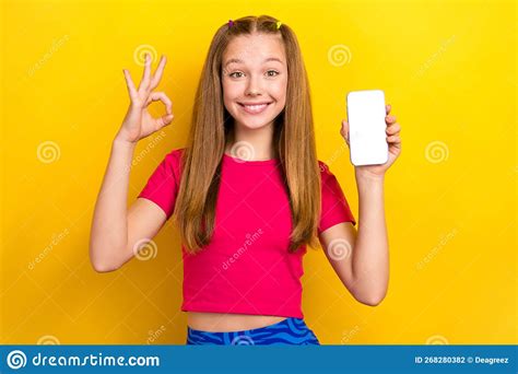 Portrait Photo Of Funny Cheerful Smiling Positive Girl Wear Crop Top Showing Okey Sign Hold