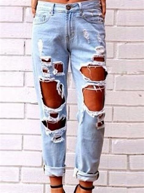 Women S Light Blue Ripped Destroyed Loose Fit Detail Middle Waisted Jeans Cute Ripped Jeans