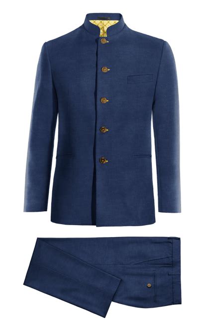 Blue Linen Collarless Suit With Customized Threads Hockerty