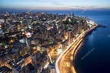 Aerial night shot of Beirut Lebanon , City of Beirut, Beirut city scape ...