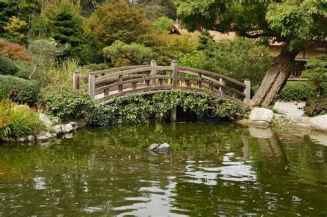 A Small Pond And A Decorative Wooden Bridge In The