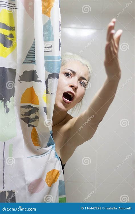 Beautiful Angry And Surprised Out Of Shower Woman Shocked Stock Photo
