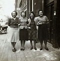 Bep Voskuijl,Miep Gies,Esther and Pien in front of the office of Opekta ...