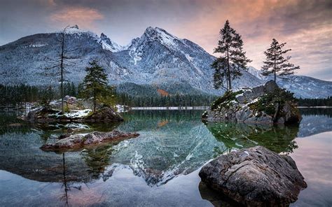 Bayern Hintersee Lake Mountains Alps Trees Stones Dusk Germany