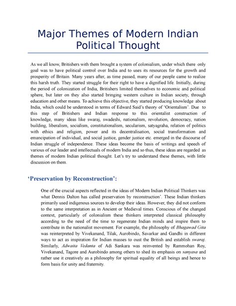 Major Themes Of Modern Indian Political Thought Many Years After As