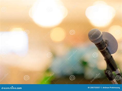 Microphone On Stand At Podium Stage For Public Speaking Or Speech In
