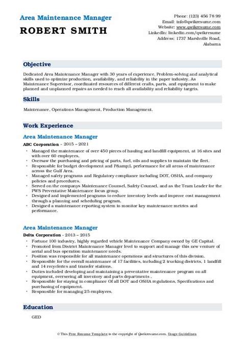 Area Maintenance Manager Resume Samples Qwikresume