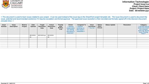 Free Project Issues Log Doc 125kb 1 Pages