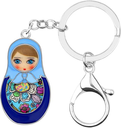 Floral Ethnic Matryoshka Russian Doll Keychain Keyring For Bag Belt Decor Jewelry Blue At