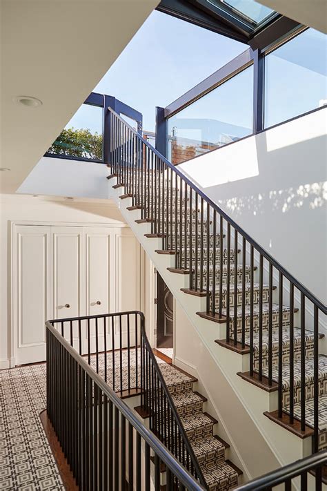 They have risers (also called toe kicks), treads and railings. Staircase with Chain Link Stair Runner - Transitional ...