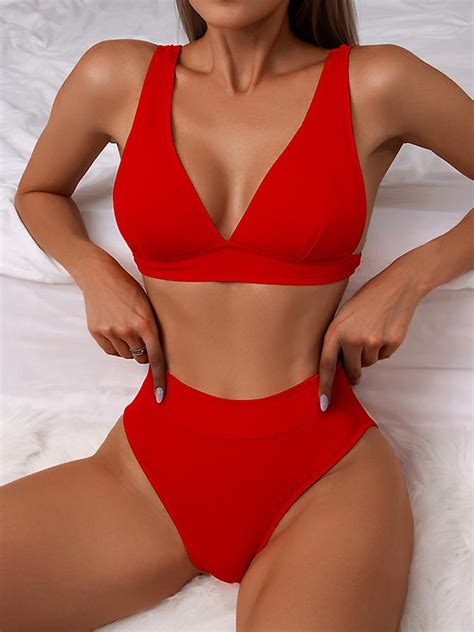 Ribbad Bikini Kvinnor Baddräkt Badkläder Hög Midja Badkläder Sexig V Ringad Biquini Set Röd