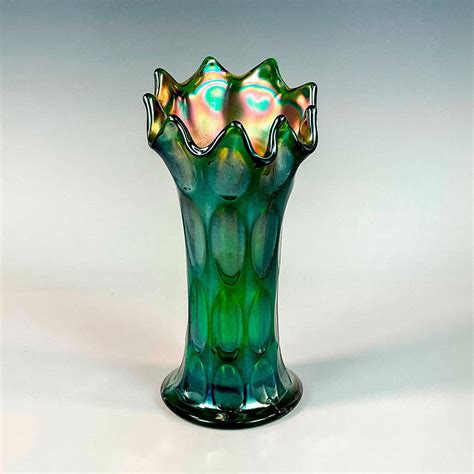 At Auction Vintage Green Carnival Glass Vase