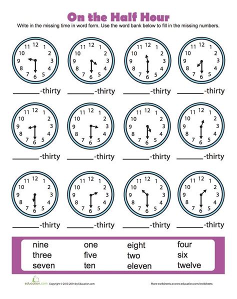Free Printable Telling Time To The Half Hour Worksheets
