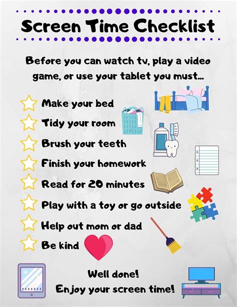 Kids Screen Time Checklist Etsy