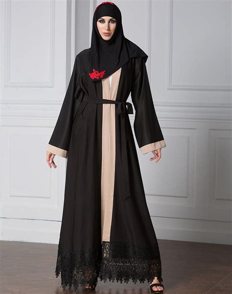 High End Cardigan Muslim Women Dress Lace Stitching Abaya Dubai Kaftan