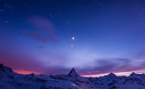 Snow Covered Mountain Ranges Under Blue Sky And Clouds With Stars Hd