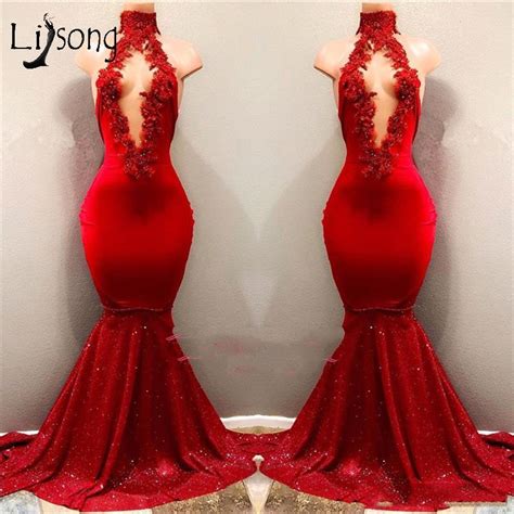 African Sexy Red Mermaid Prom Gowns Open Bust Lace Appliques Prom