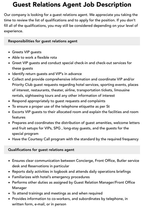 Guest Relations Agent Job Description Velvet Jobs