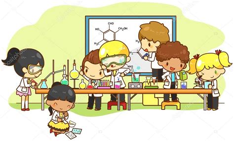 Cartoon Scientist Children Are Studying And Working And Experimenting
