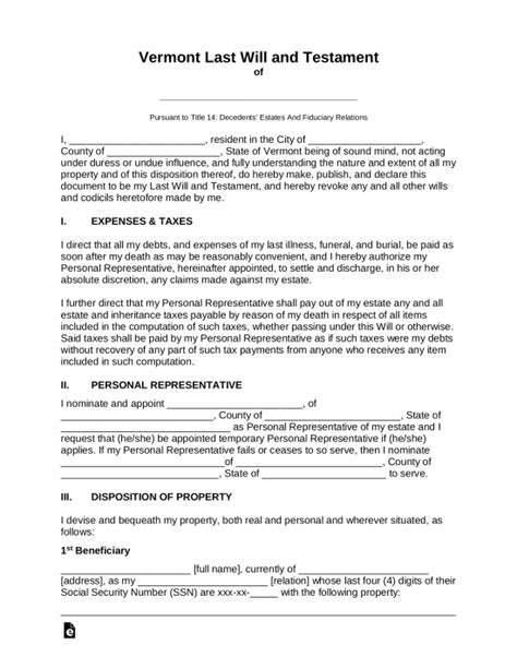 Free Vermont Last Will And Testament Template Pdf Word Eforms