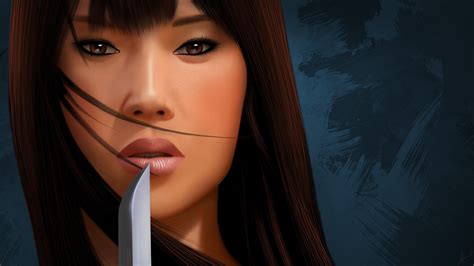Wallpaper Face Drawing Digital Art Women Model Long Hair Asian Black Hair Mouth Nose
