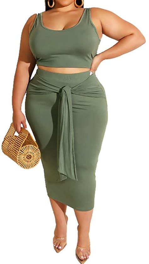 Plus Size Two Piece Outfits Solid Sleeveless Tank Crop Top Bodycon Midi