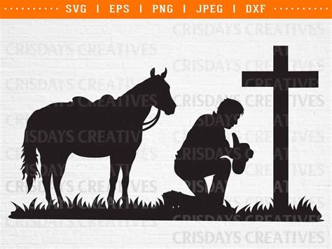 A Man Kneeling Down Next To A Horse Near A Cross