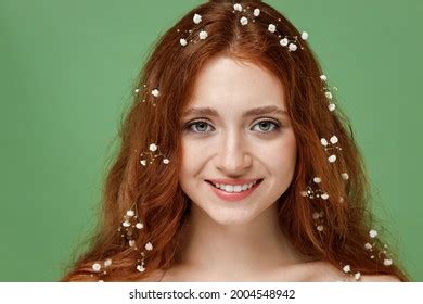 Beautiful Smiling Half Naked Topless Redhead Stock Photo