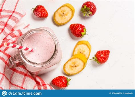 Strawberry Milkshake Or Smoothie In Mason Jar Stock Image Image Of Smoothie Banana 158449839